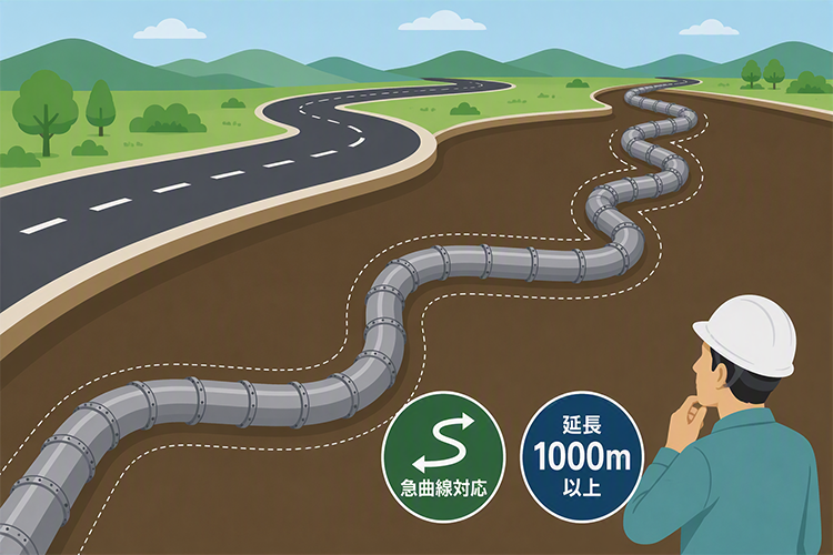 市街地などの曲線が多い道路下の水道管も非開削で更新できる？